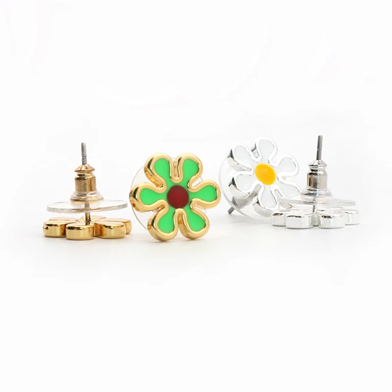 Brass Plated and Enamel Small Daisy Flower Earrings