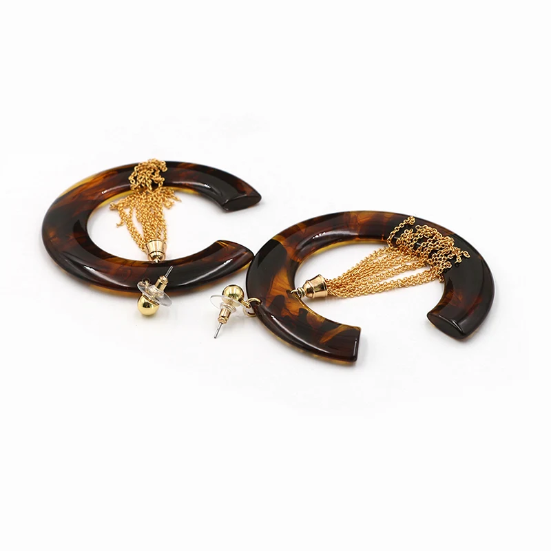 C Shape Acetate With Tassel Chain Earrings