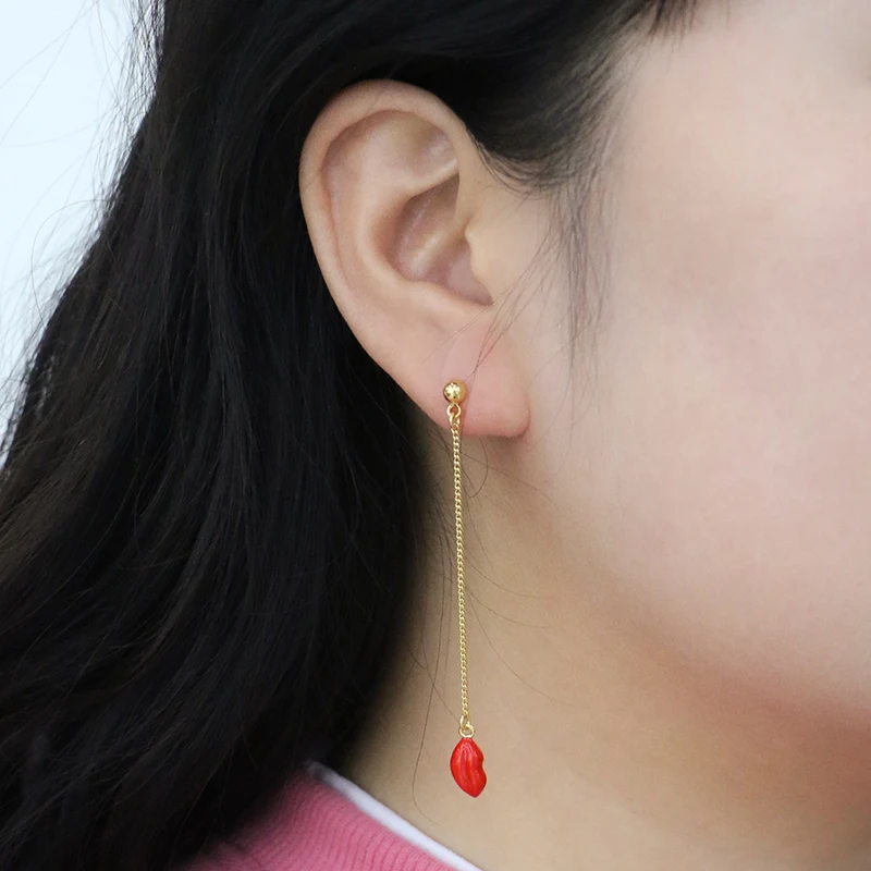 Dangling Earrings With Long Red Enamel Hearts And Lip Drops