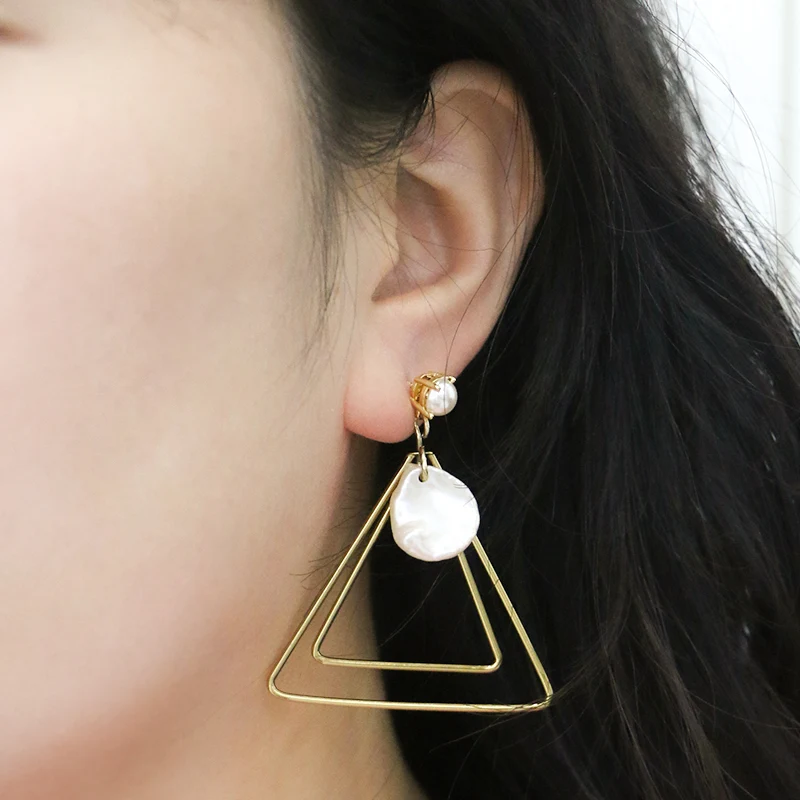 Gold Plated Brass Triangle Pearl Earrings